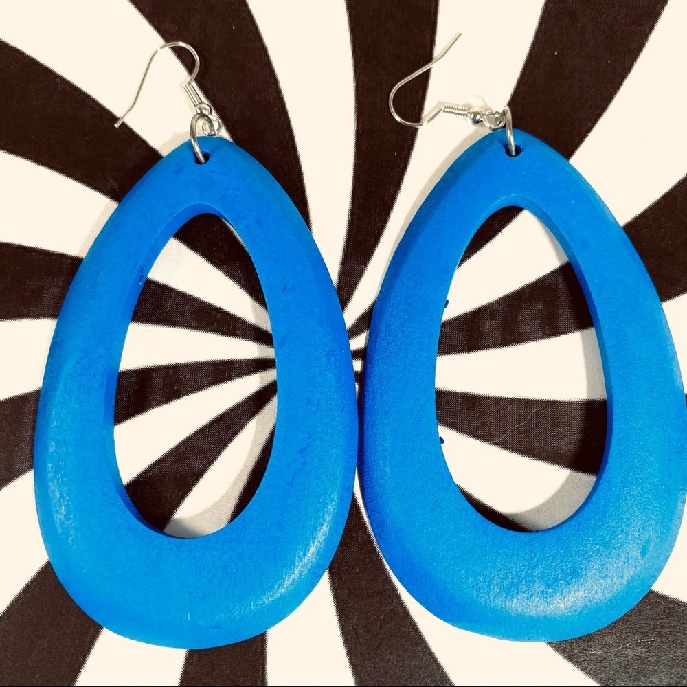 Bright blue teardrop cut out wooden hoop earrings